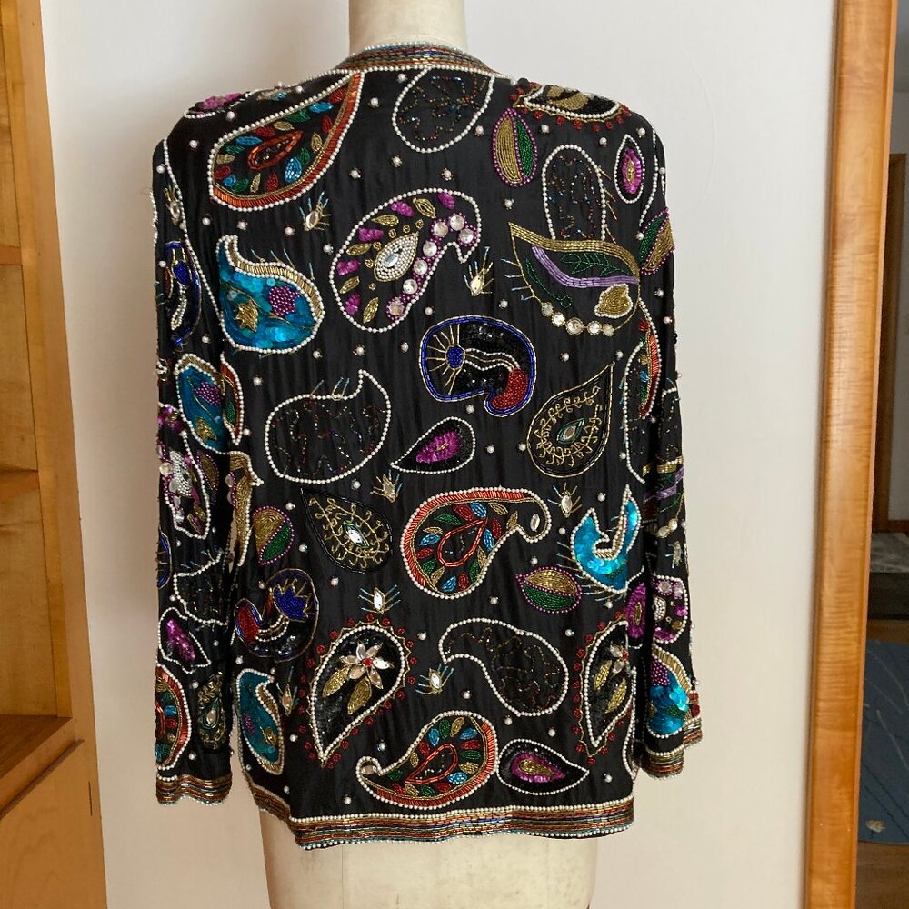 Paisley Sequin Beaded Jeweled Jacket Blue Black Multicolor - Picture 16 of 16
